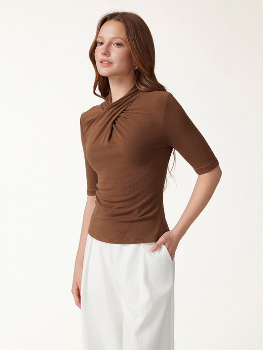 OGLmove Women's Crisscross Mock Neck Elbow Sleeve Ruched Top