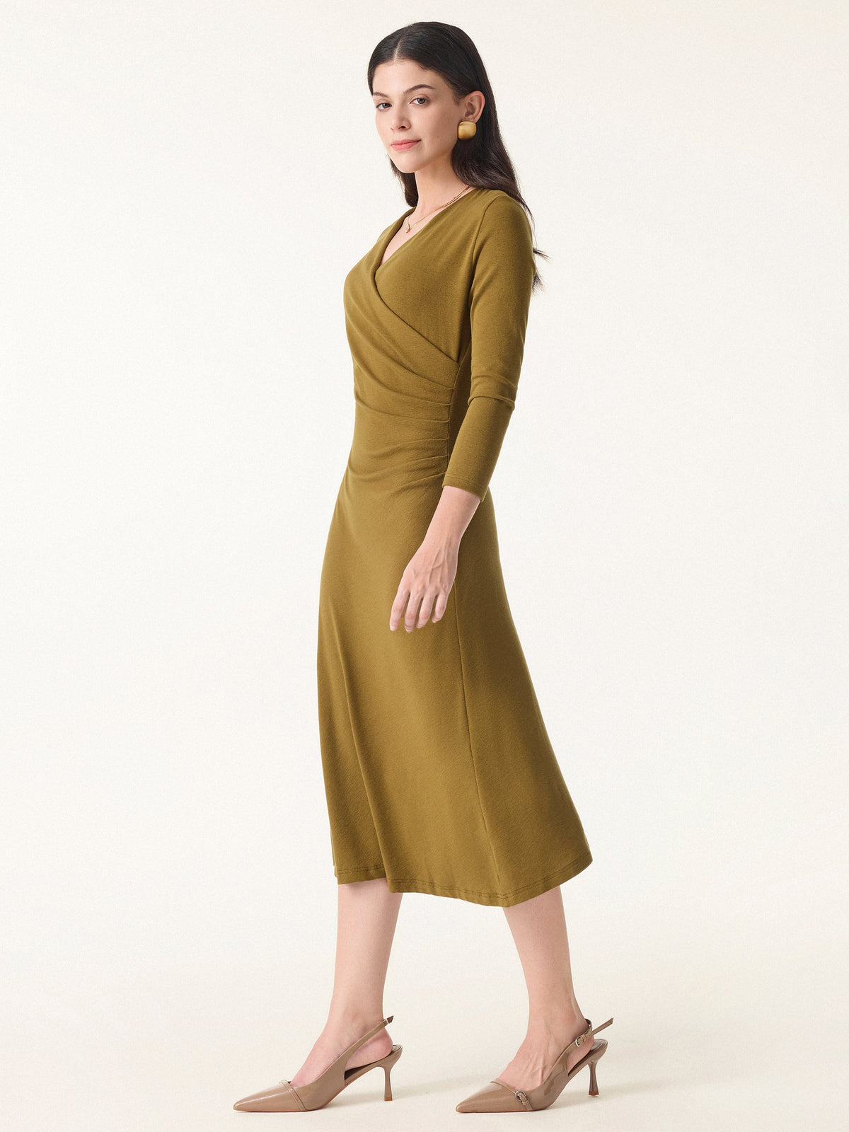 OGLmove Women's Eco-Mousse® Surplice 3/4 Sleeve Side-Tuck Midi Dress