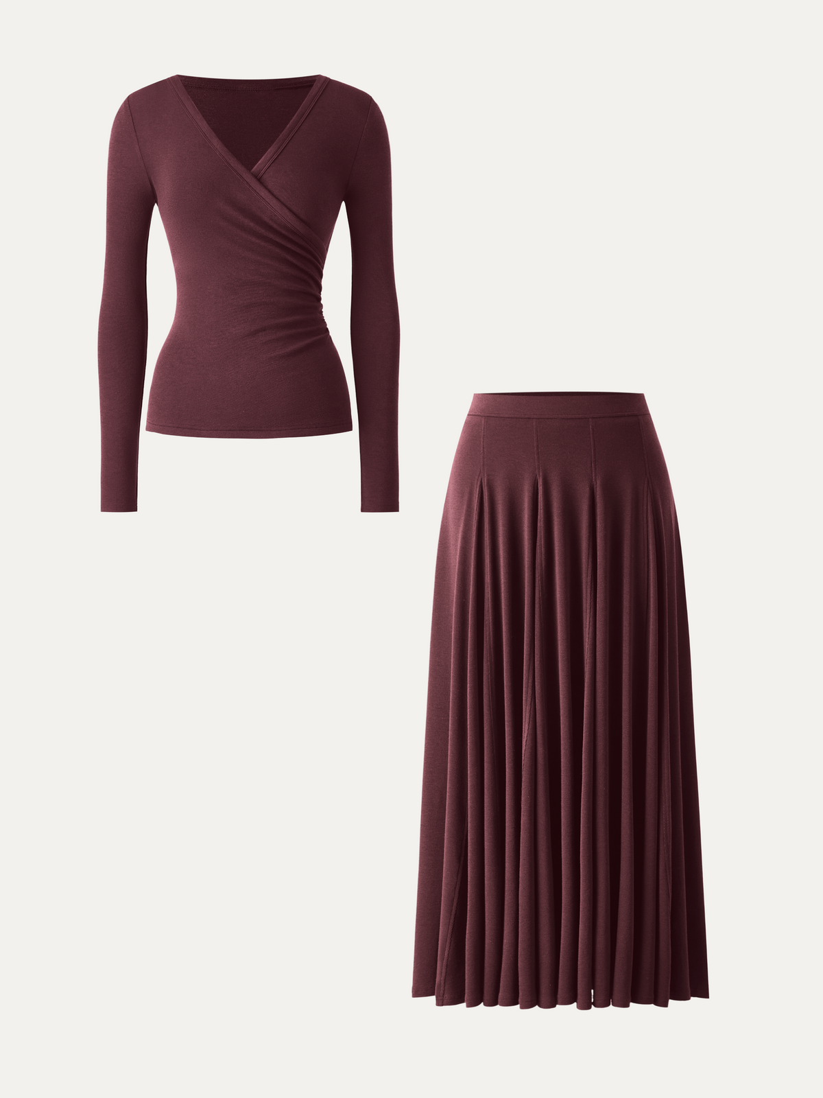 OGLmove Women's Surplice Ruched Long Sleeve & Maxi Skirt Set