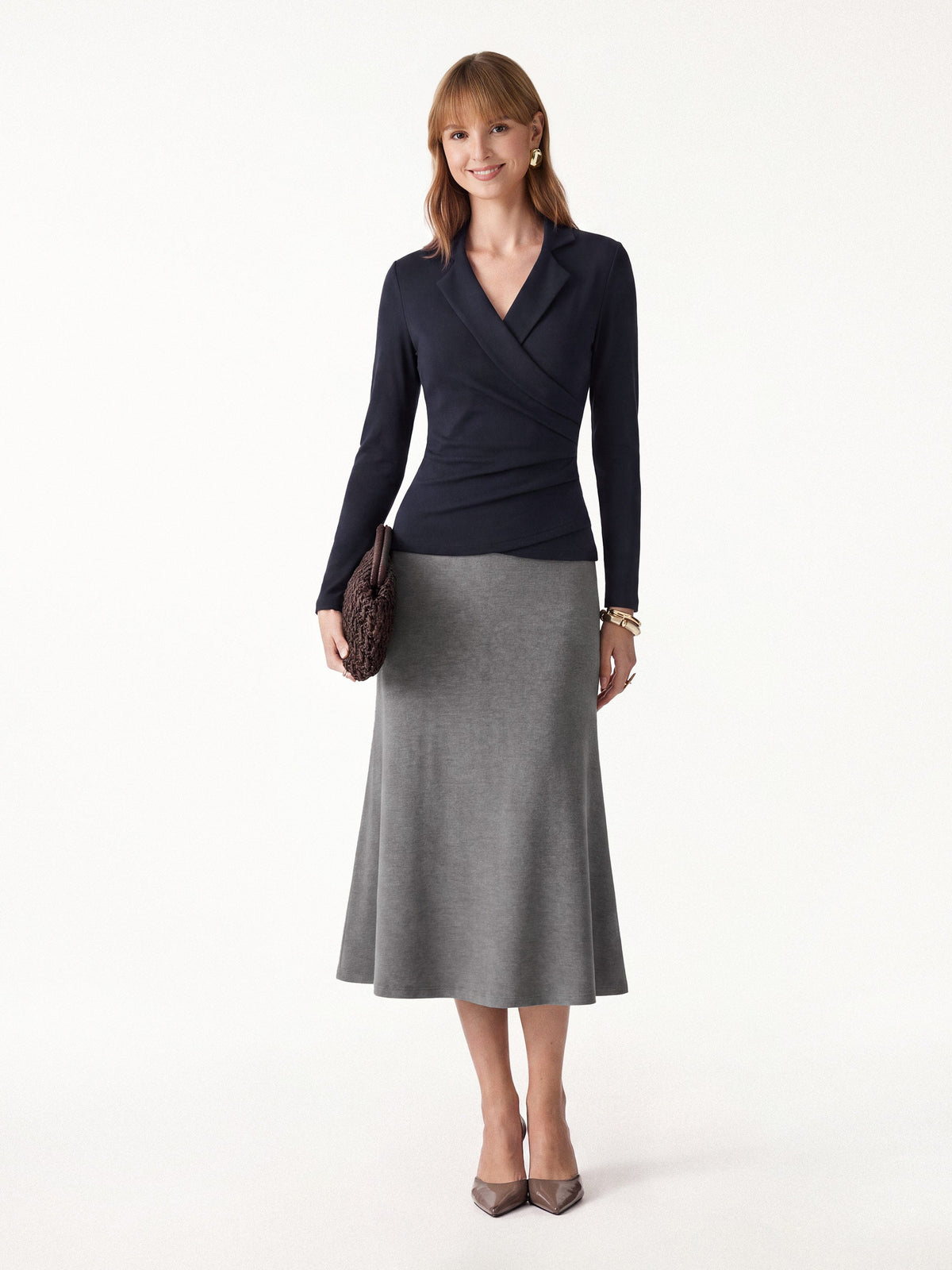 OGLmove Women's Eco-Mousse Collared Surplice Top & Midi Skirt Set