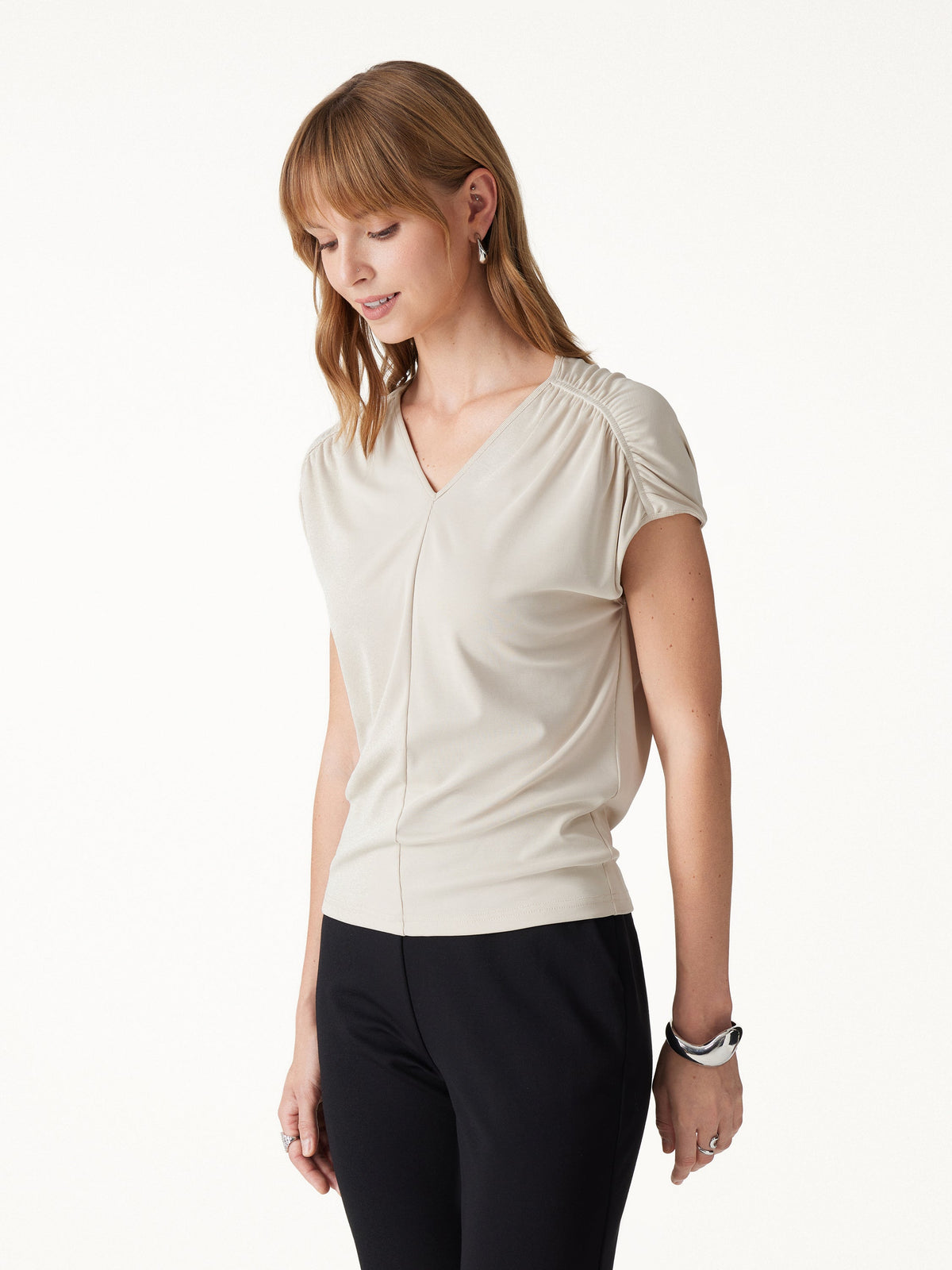 OGLmove Women's Modal Relaxed V-Neck Gathered Shoulder Top
