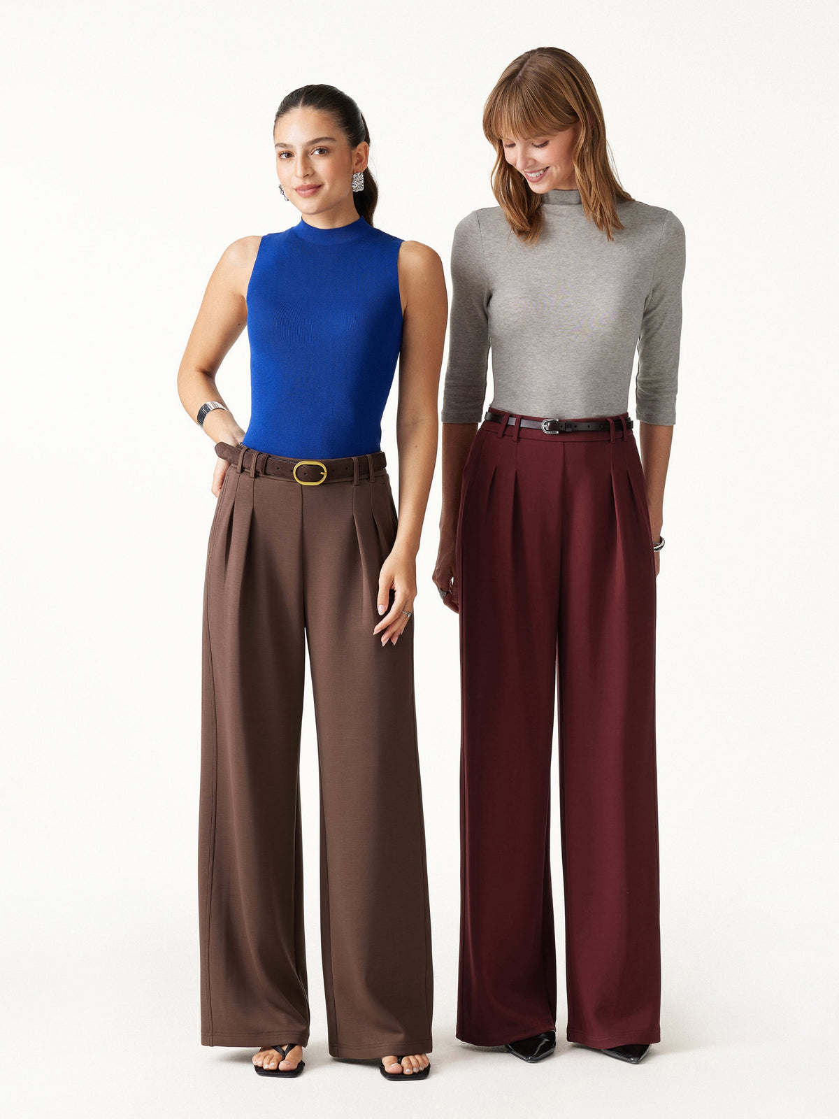 OGLmove Women's Lyocell Spacer Knit High-Rise Wide-Leg Tuck Pants with Pockets