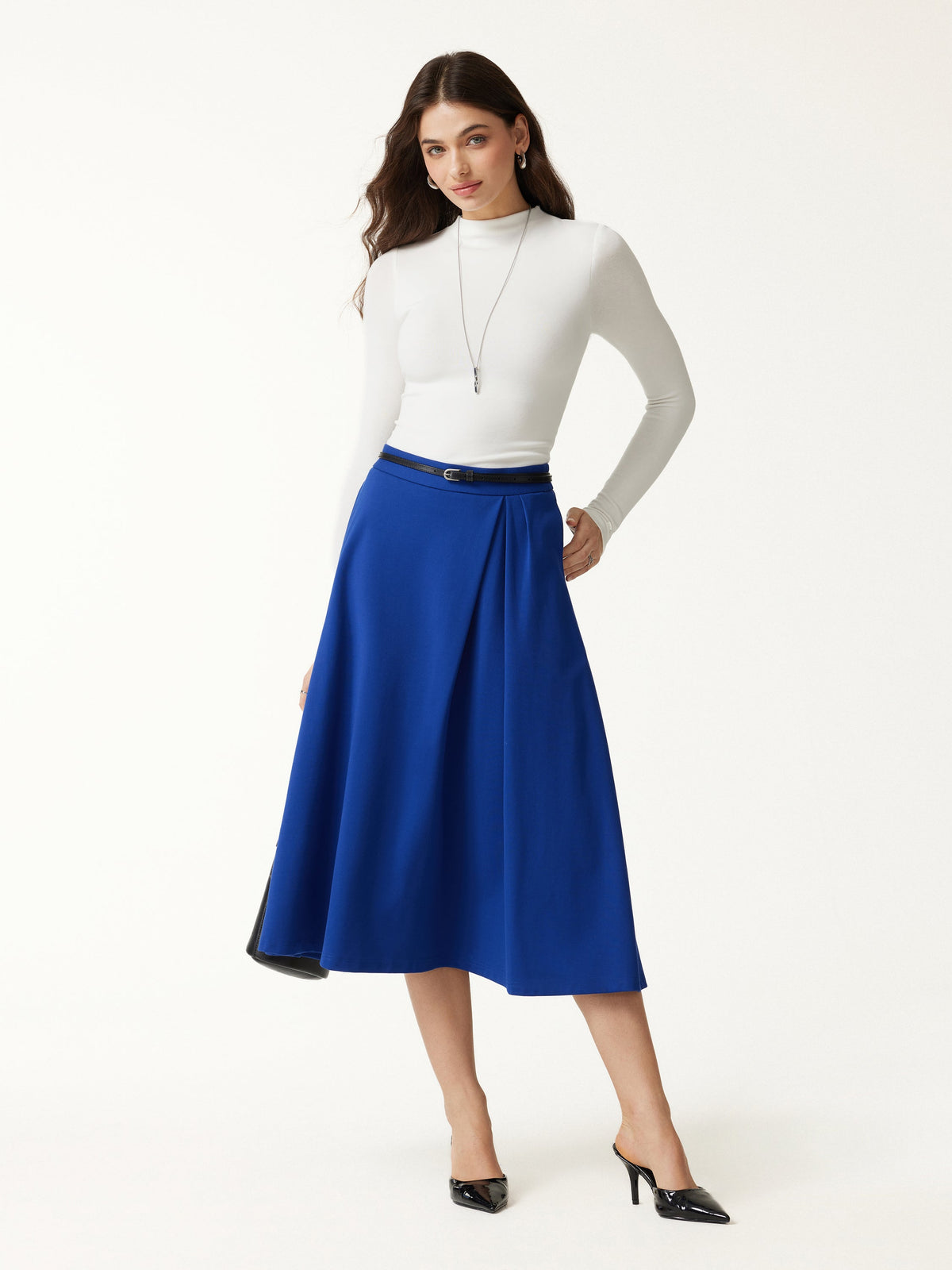 OGLmove Women's Ponte Mid-Rise Tucked A-Line Midi Skirt with Pockets