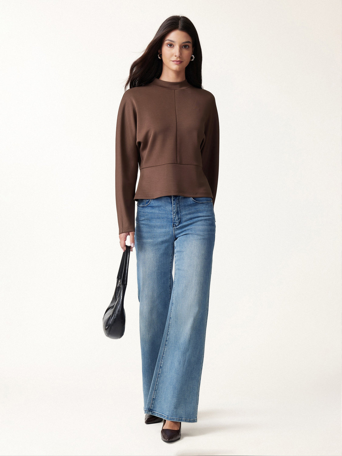 OGLmove Women's Modal Spacer Knit Mock Neck Batwing Sleeve Banded Hem Top