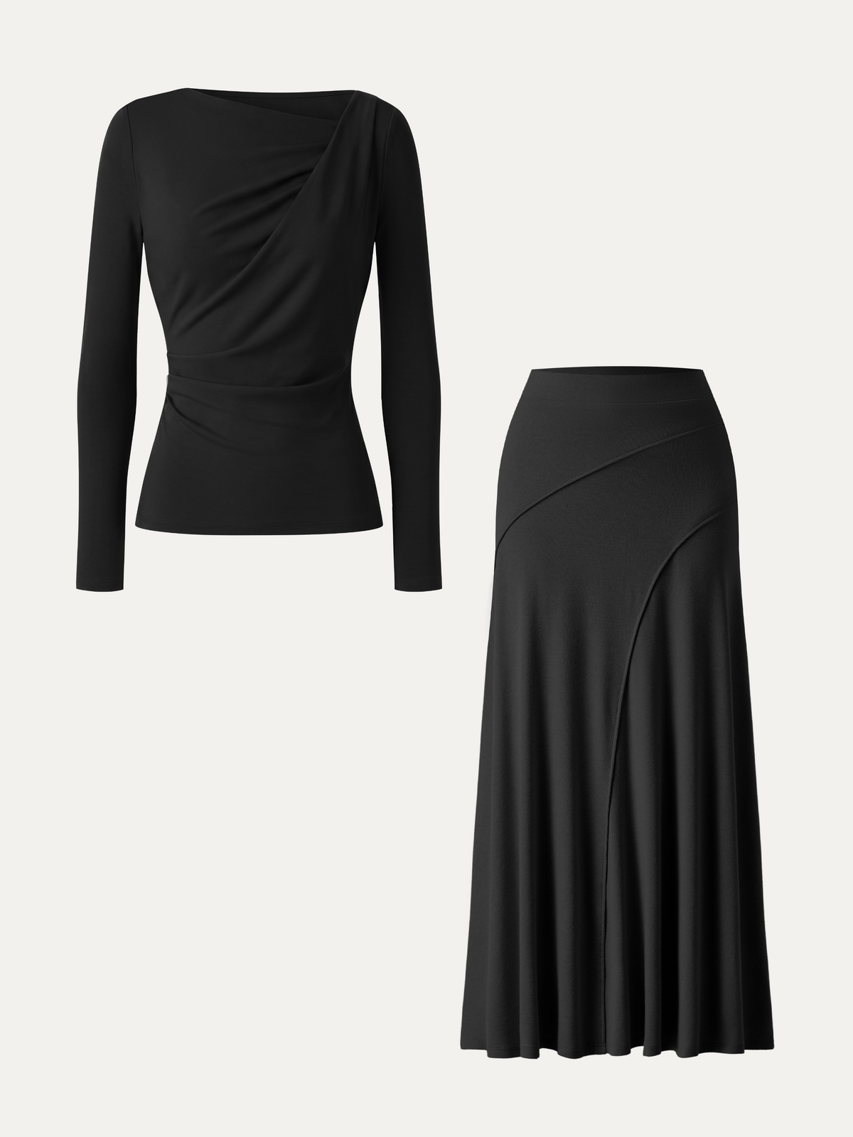 OGLmove Women's Asymmetrical Neck Long Sleeve & Midi Skirt Set
