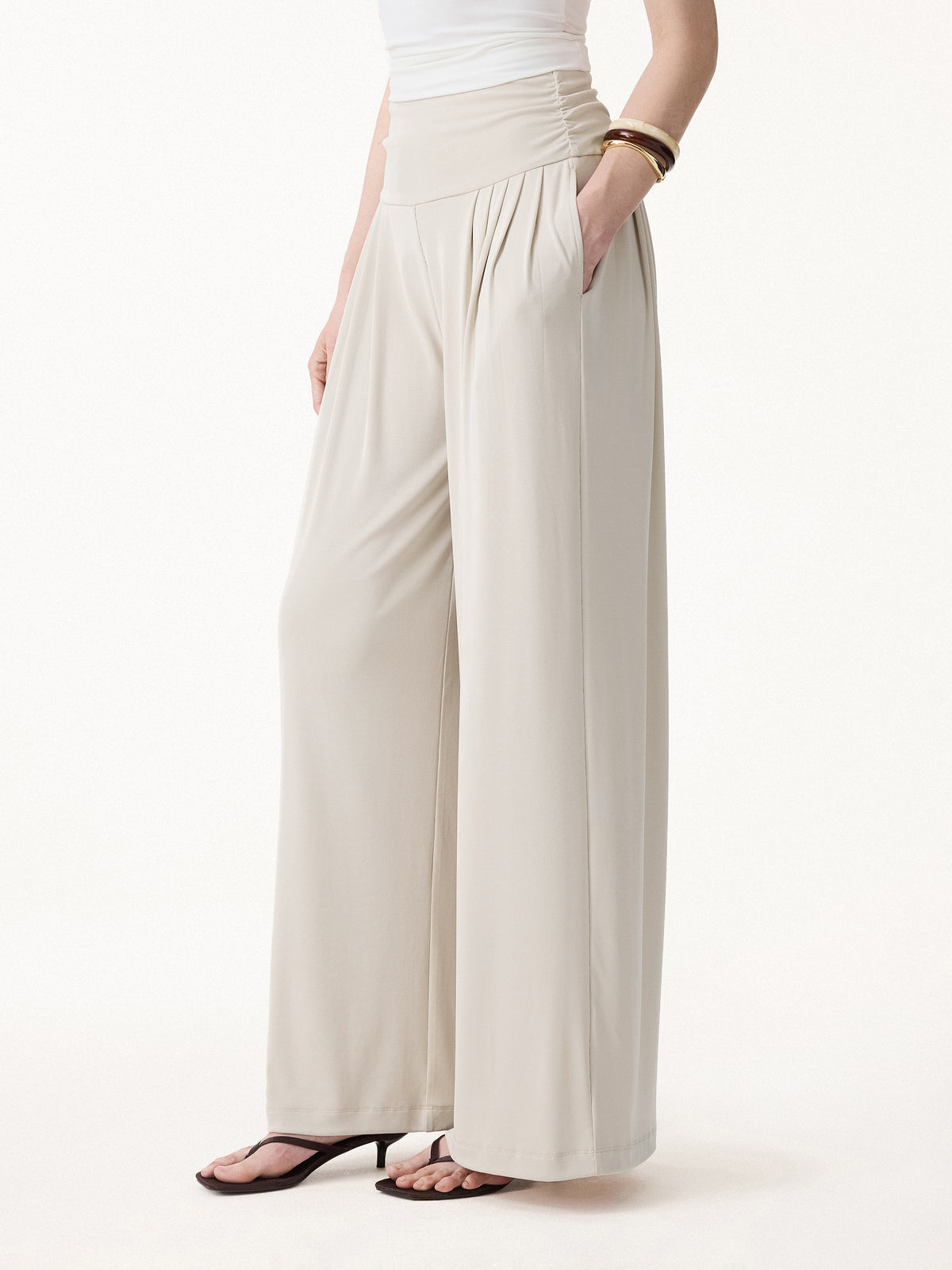 OGLmove Women's Sandwashed Flowy Tucked Palazzo Pants with Pockets