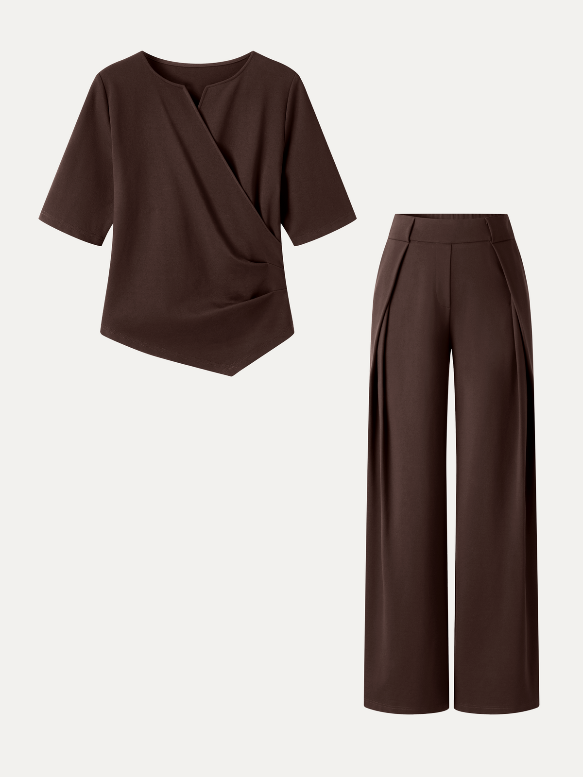 OGLmove Women's Surplice Elbow Sleeve Top and Mid-Rise Wide-Leg Pant Set