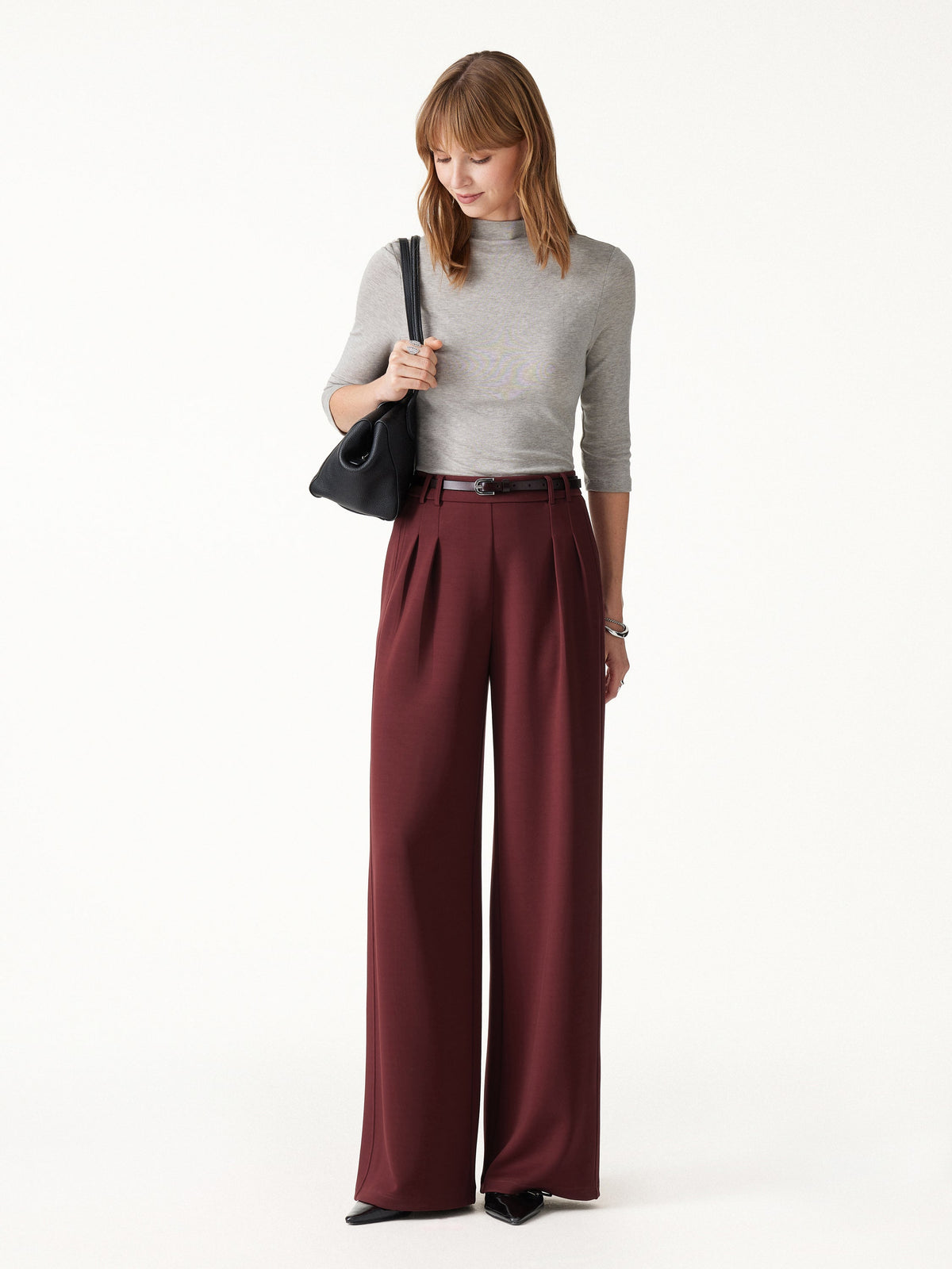 OGLmove Women's Lyocell Spacer Knit High-Rise Wide-Leg Tuck Pants with Pockets