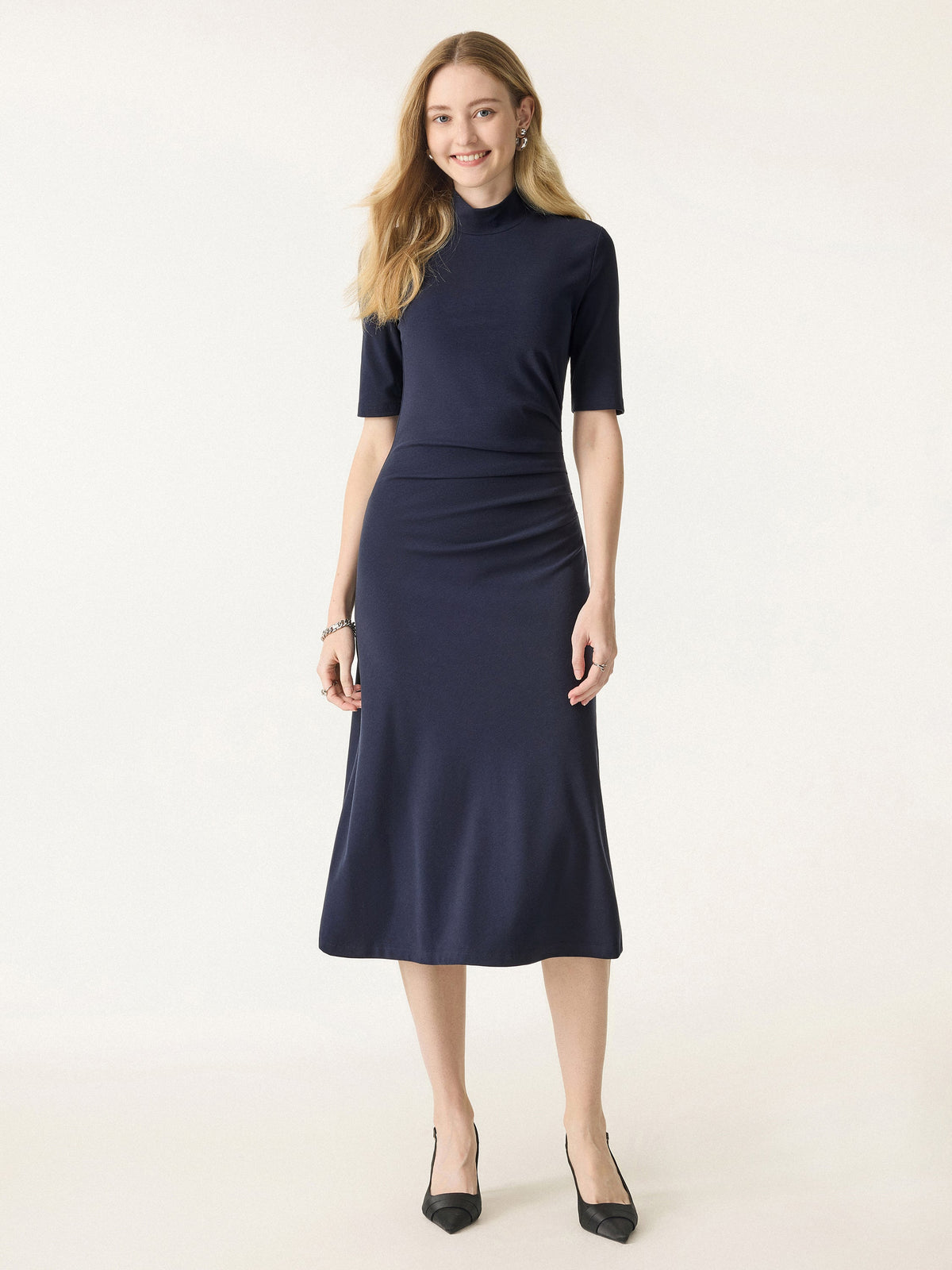 OGLmove Women's Cotton Blend Mock Neck Tucked Midi Dress