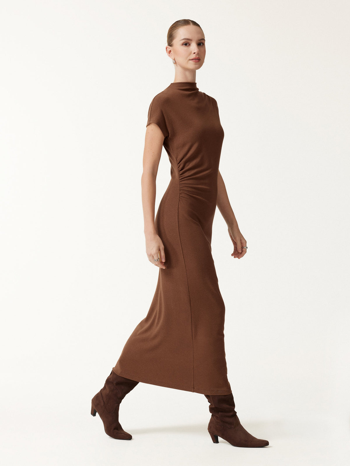 OGLmove Women's Eco-Mousse® Mock Neck Cap Sleeve Ruched Midi Dress