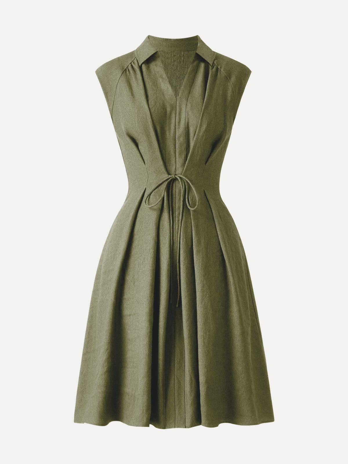 OGLmove Women's Viscose-Linen V-Neck Midi Dress with Drawstring