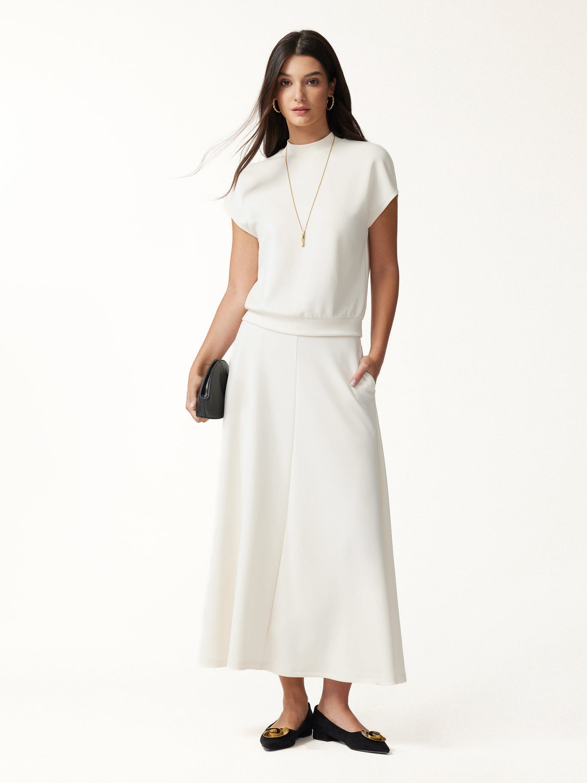 OGLmove Women's Mock Neck Top & Umbrella Midi Skirt Set