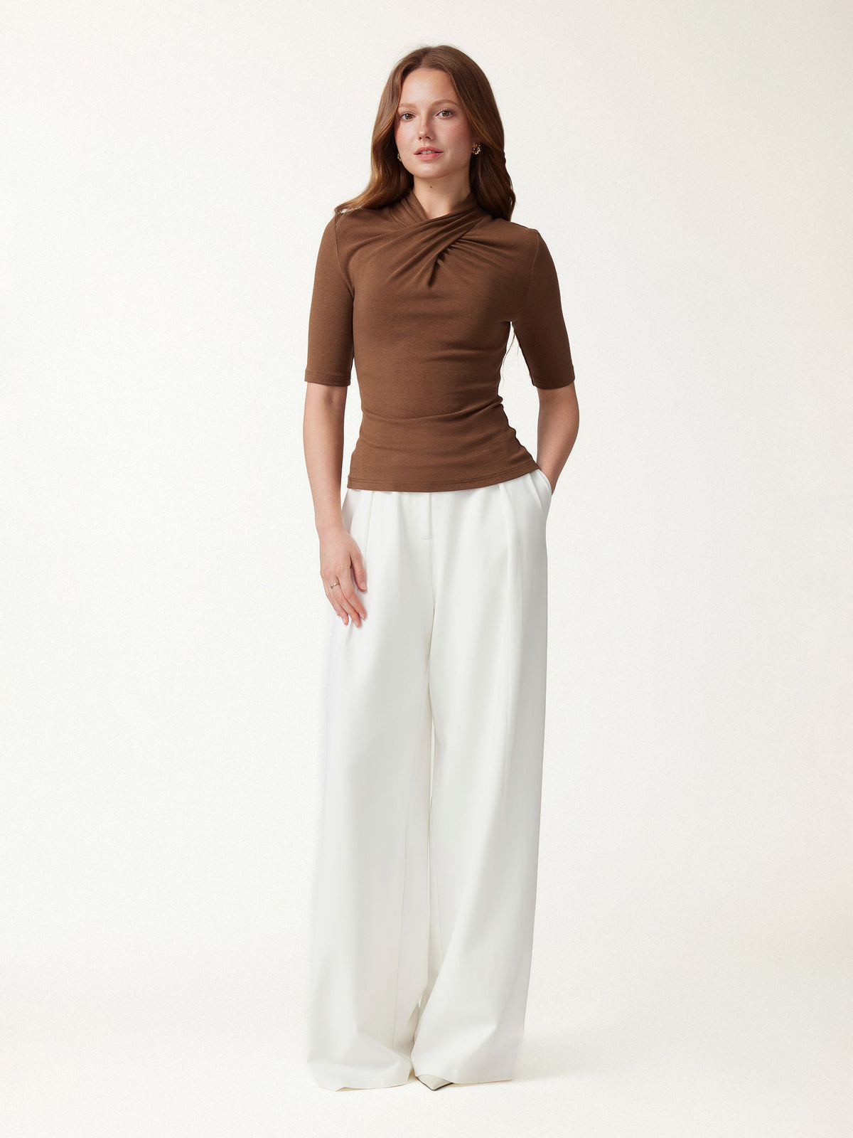OGLmove Women's Crisscross Mock Neck Elbow Sleeve Ruched Top