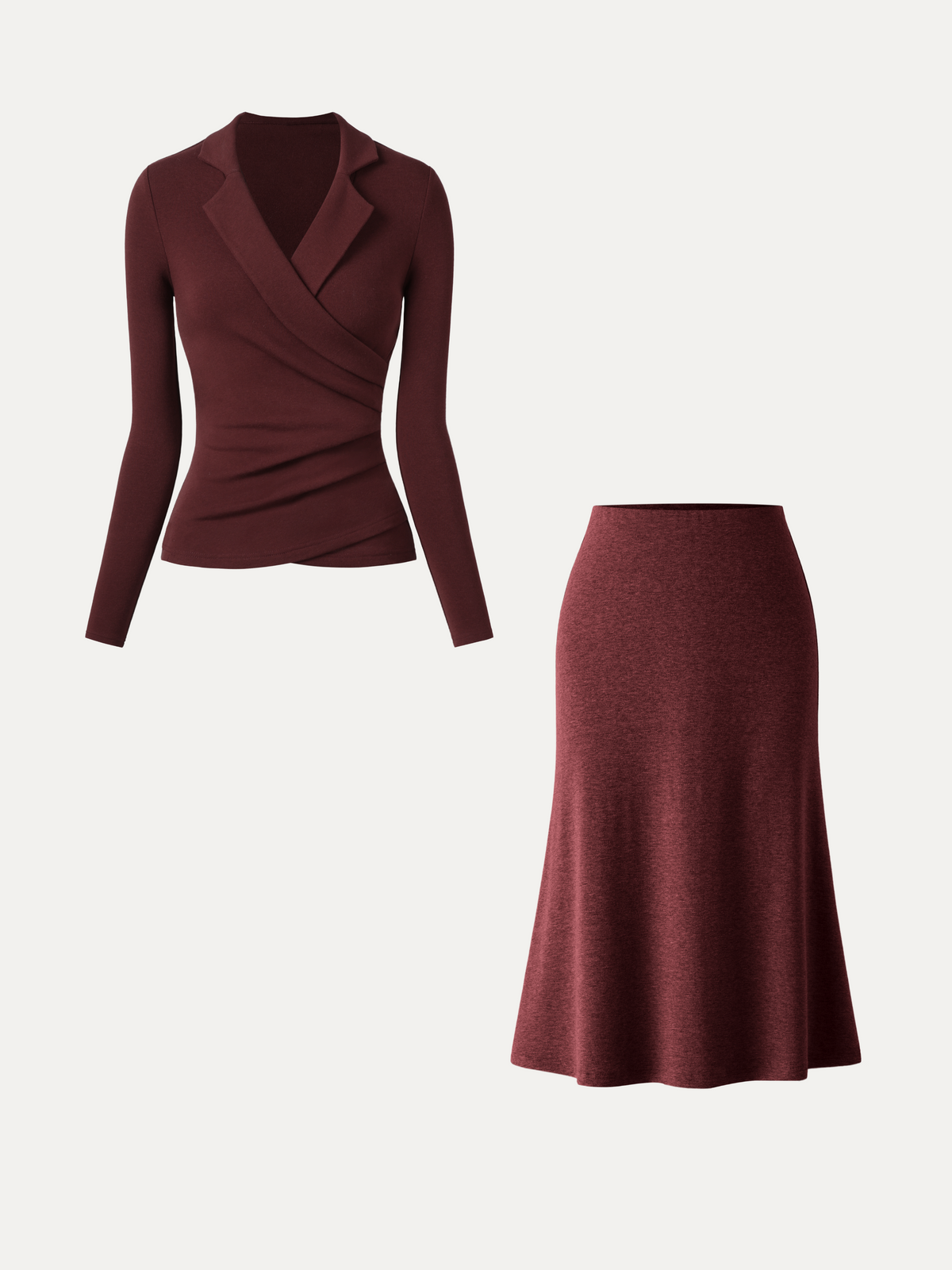 OGLmove Women's Eco-Mousse Collared Surplice Top & Midi Skirt Set