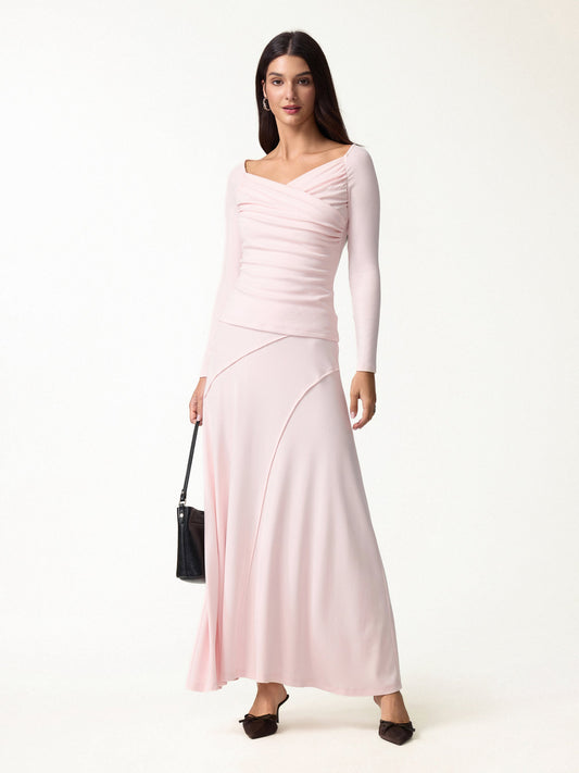 OGLmove Women's Surplice Long Sleeve Ruched Top and Midi Skirt Set