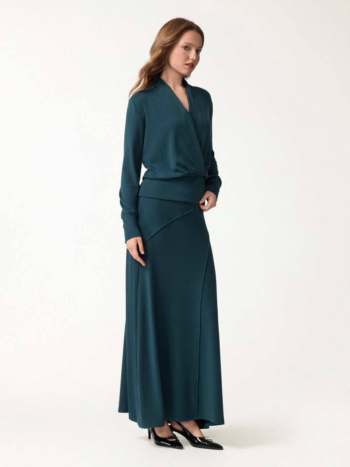 OGLmove Women's Surplice Long Sleeve Top and A-Line Skirt Set
