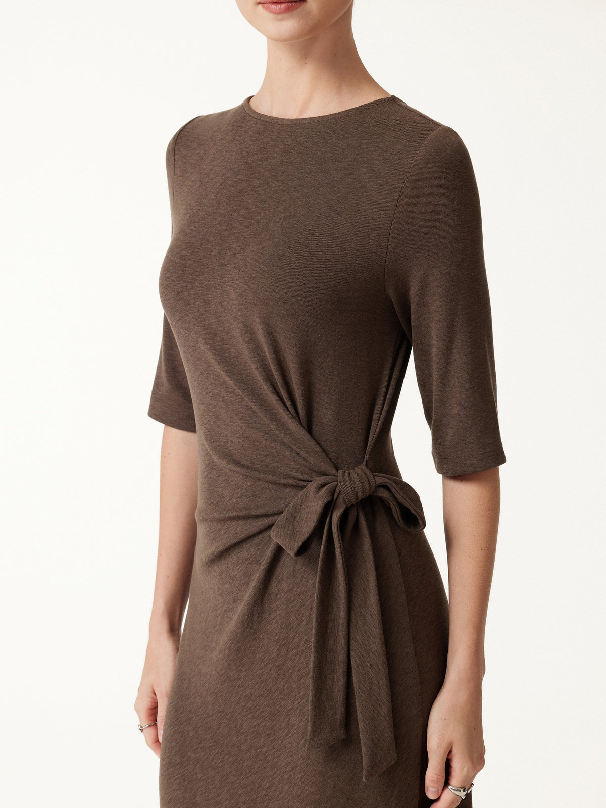 OGLmove Women's Slub Ribbed Round Neck Tie-Waist Midi Dress