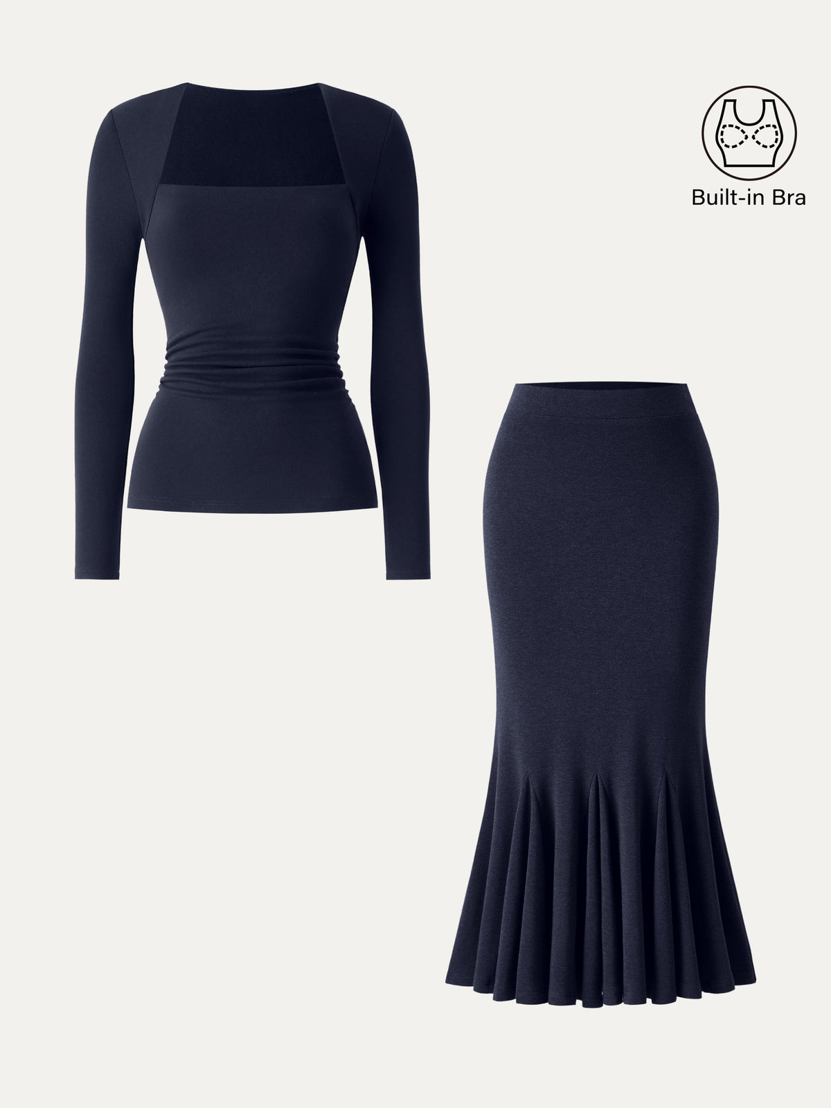 OGLmove Women's Trapeze Neck Ruched Bra Top & Mermaid Midi Skirt Set