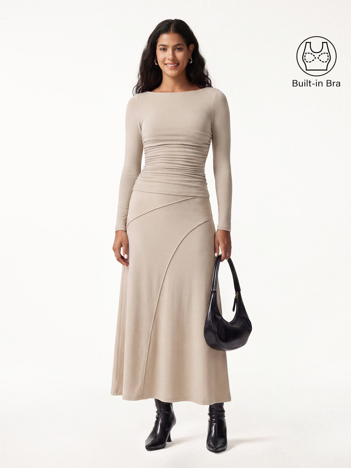 OGLmove Women's Boatneck Ruched Bra Top & Drapey A-Line Maxi Skirt Set