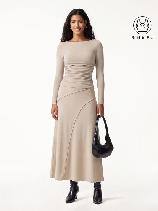 OGLmove Women's Boatneck Ruched Bra Top & Drapey A-Line Maxi Skirt Set