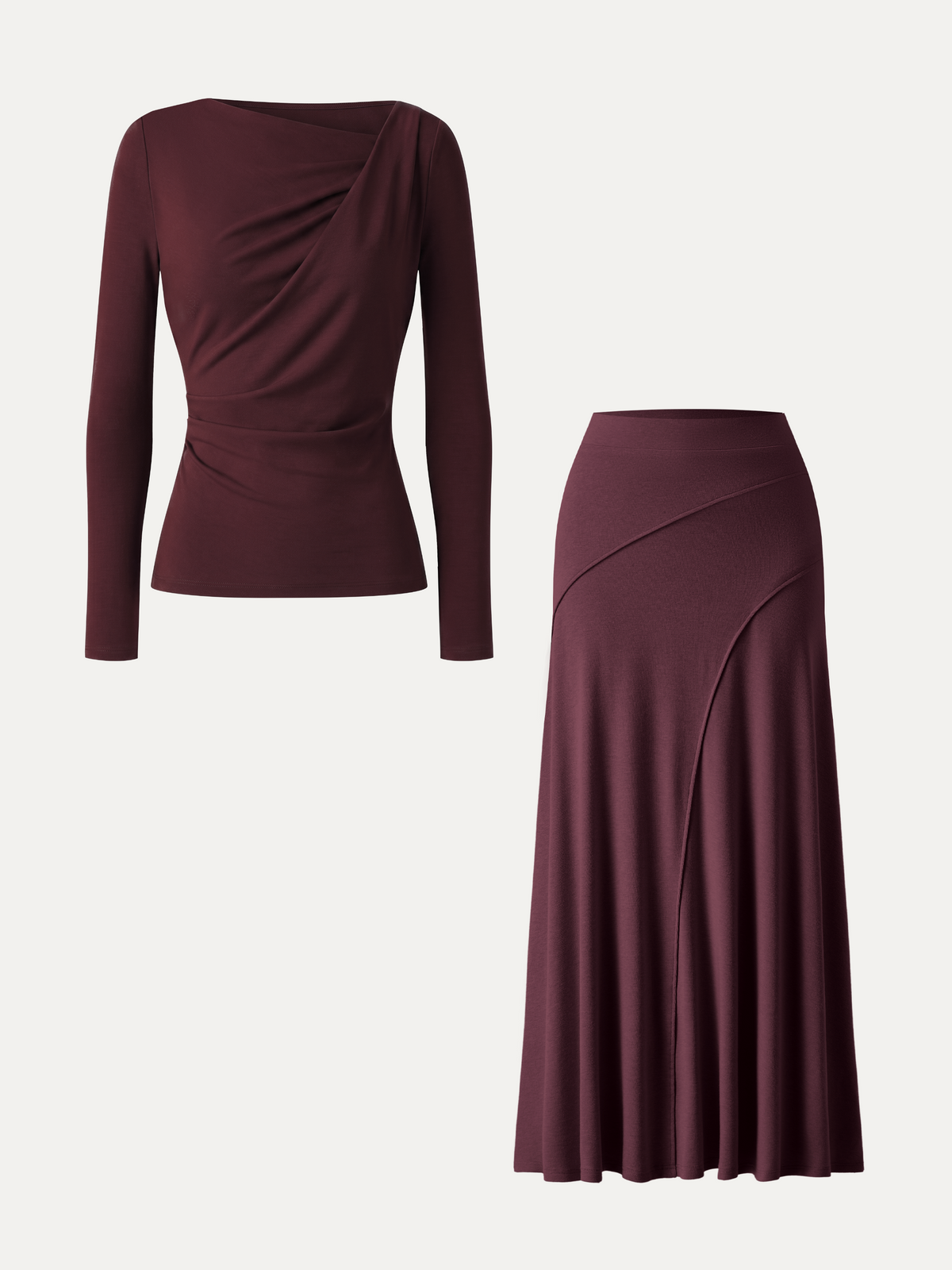 OGLmove Women's Asymmetrical Neck Long Sleeve & Midi Skirt Set