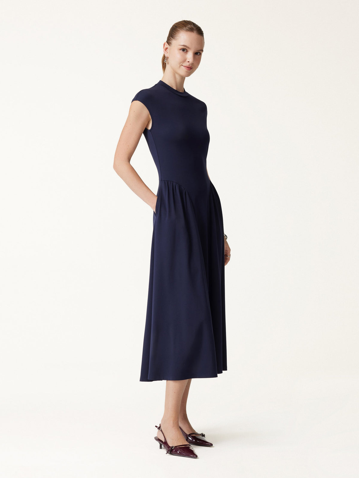 OGLmove Women's Ponte Mock Neck Ruched A-Line Midi Dress with Pockets
