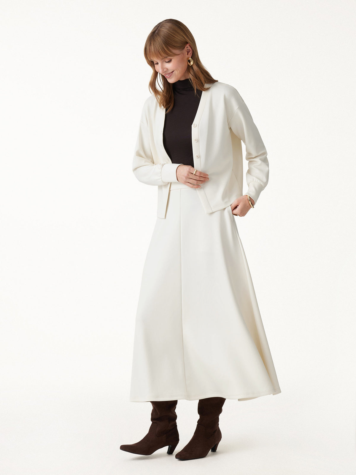 OGLmove Women's Modal Spacer Knit High-Rise Umbrella Midi Skirt with Pockets
