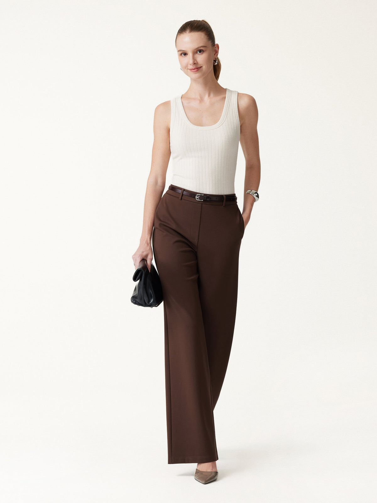 OGLmove Women's Ponte Mid-Rise Wide-Leg Pants with Pockets