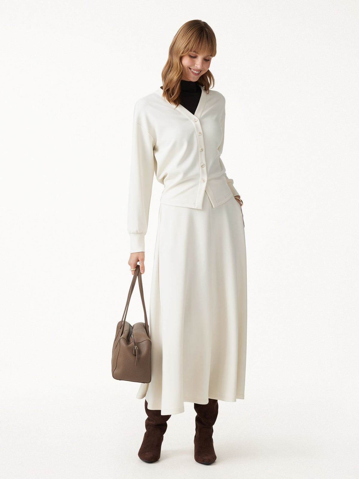OGLmove Women's Cardigan and Umbrella Midi Skirt Set