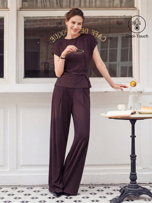OGLmove Women's Round Neck Tucked Top and Wide Leg Pants Set