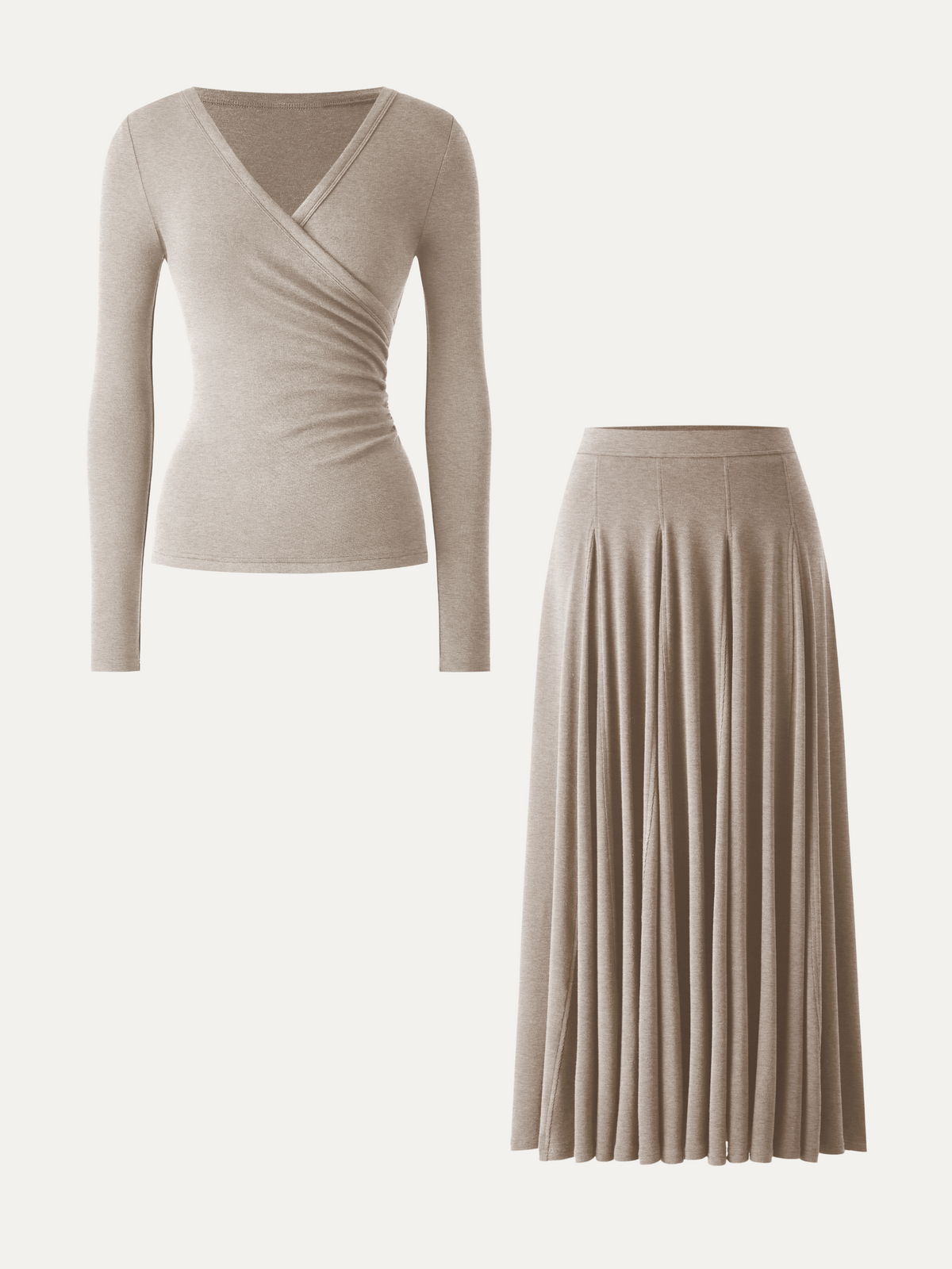 OGLmove Women's Surplice Ruched Long Sleeve & Maxi Skirt Set