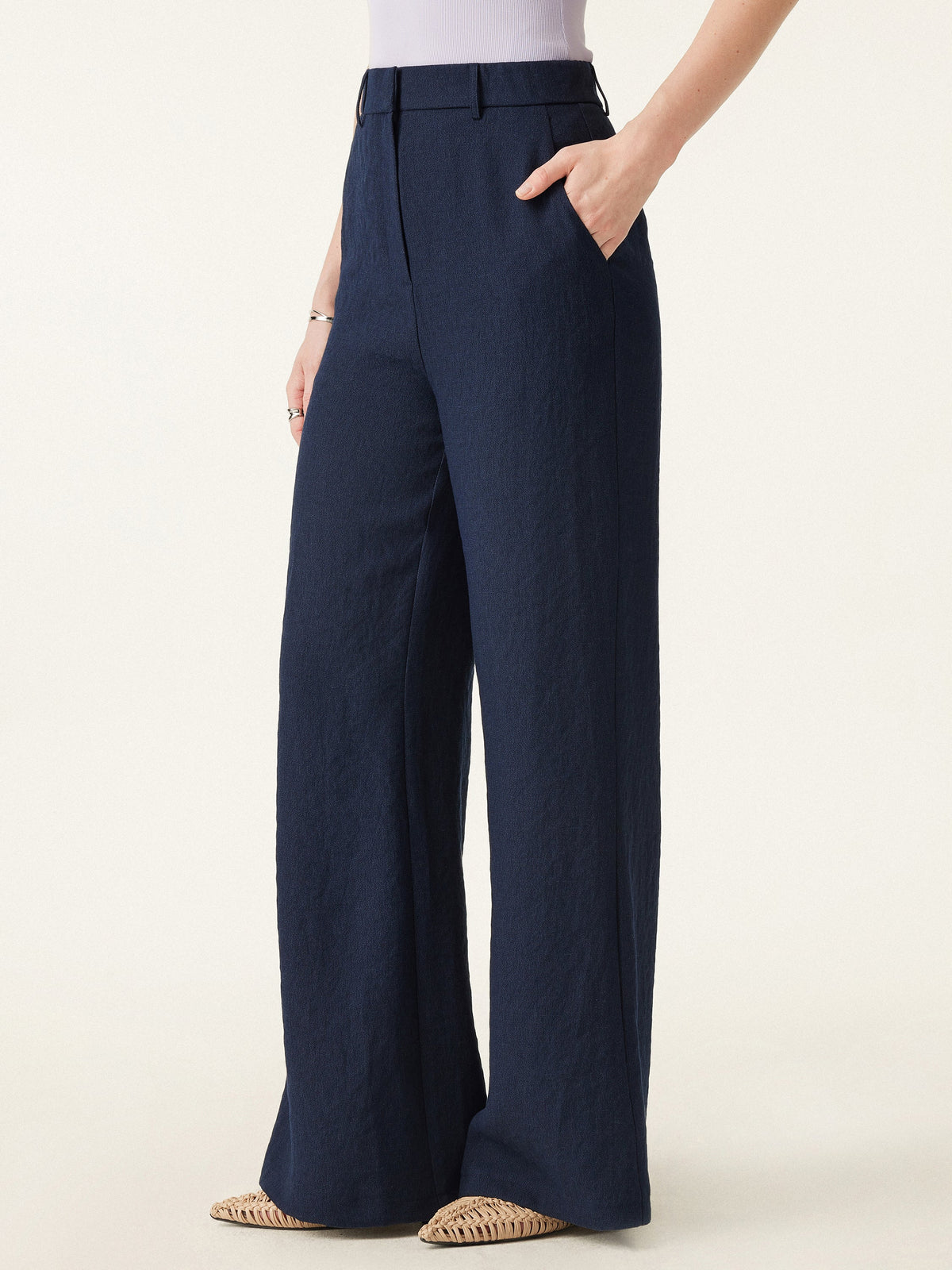 OGLmove Women's European Linen-Like Mid Rise Flared Pant with Pockets