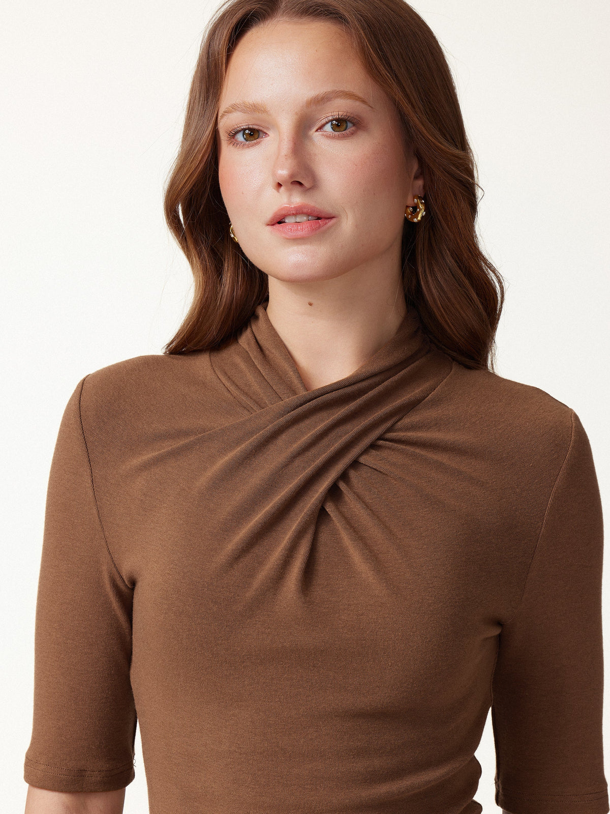 OGLmove Women's Eco-Mousse Crisscross Mock Neck Elbow Sleeve Ruched Top