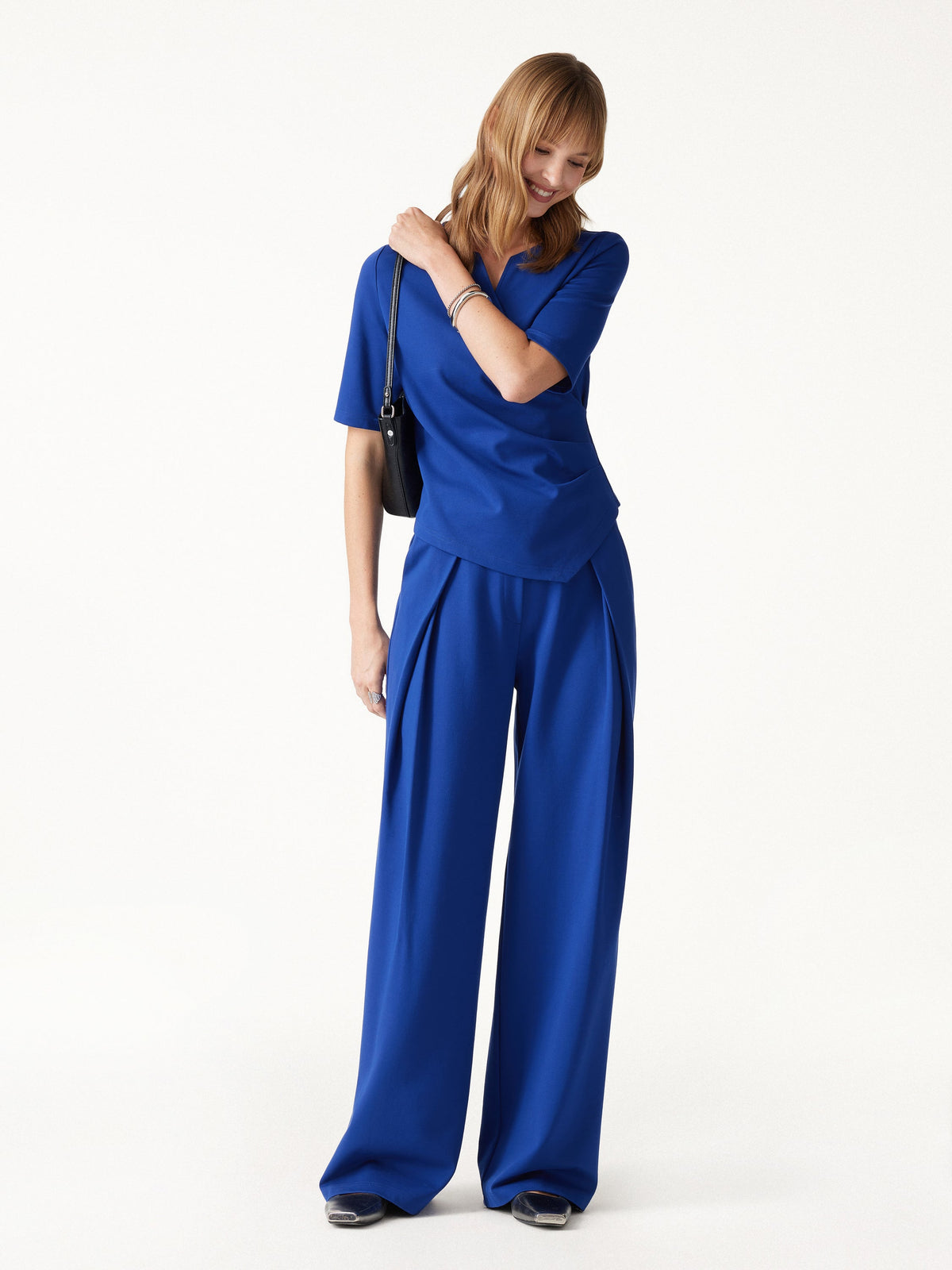 OGLmove Women's Surplice Elbow Sleeve Top and Mid-Rise Wide-Leg Pant Set