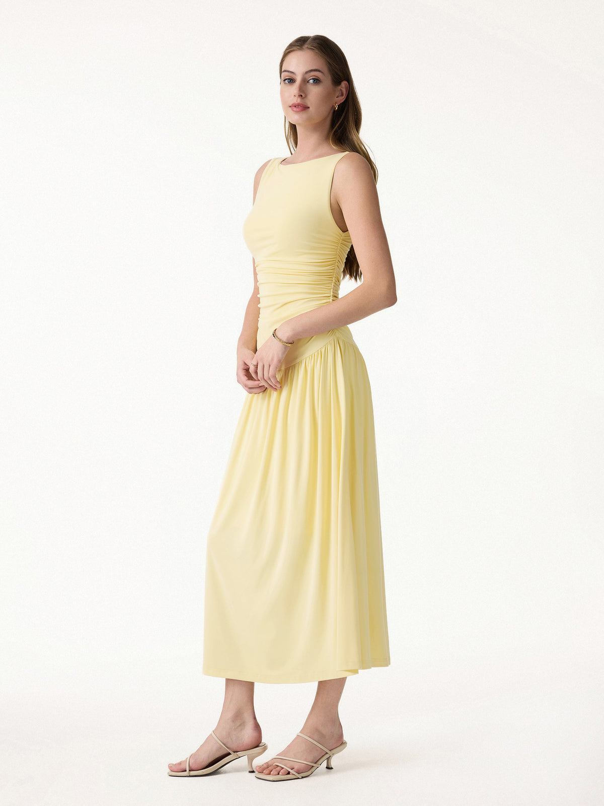 OGLmove Women's SkinKiss Boatneck Ruched Sleeveless Midi Bra Dress