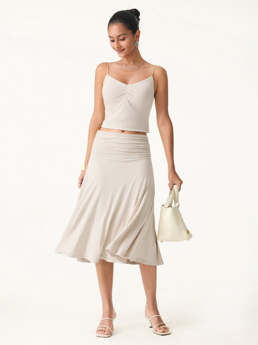 OGLmove Women's Flowy Side Ruched A-Line Midi Skirt