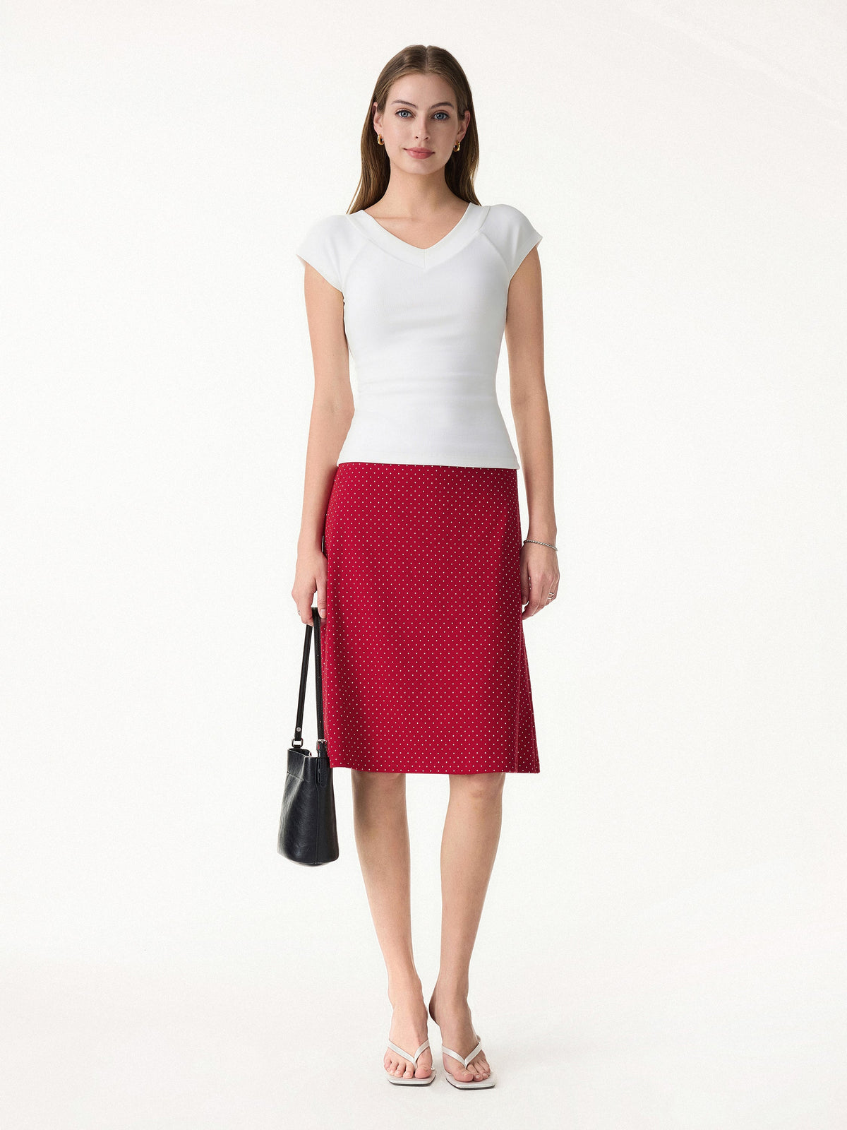 Women's Stretch Cotton Polka Dot A-Line Flare Skirt
