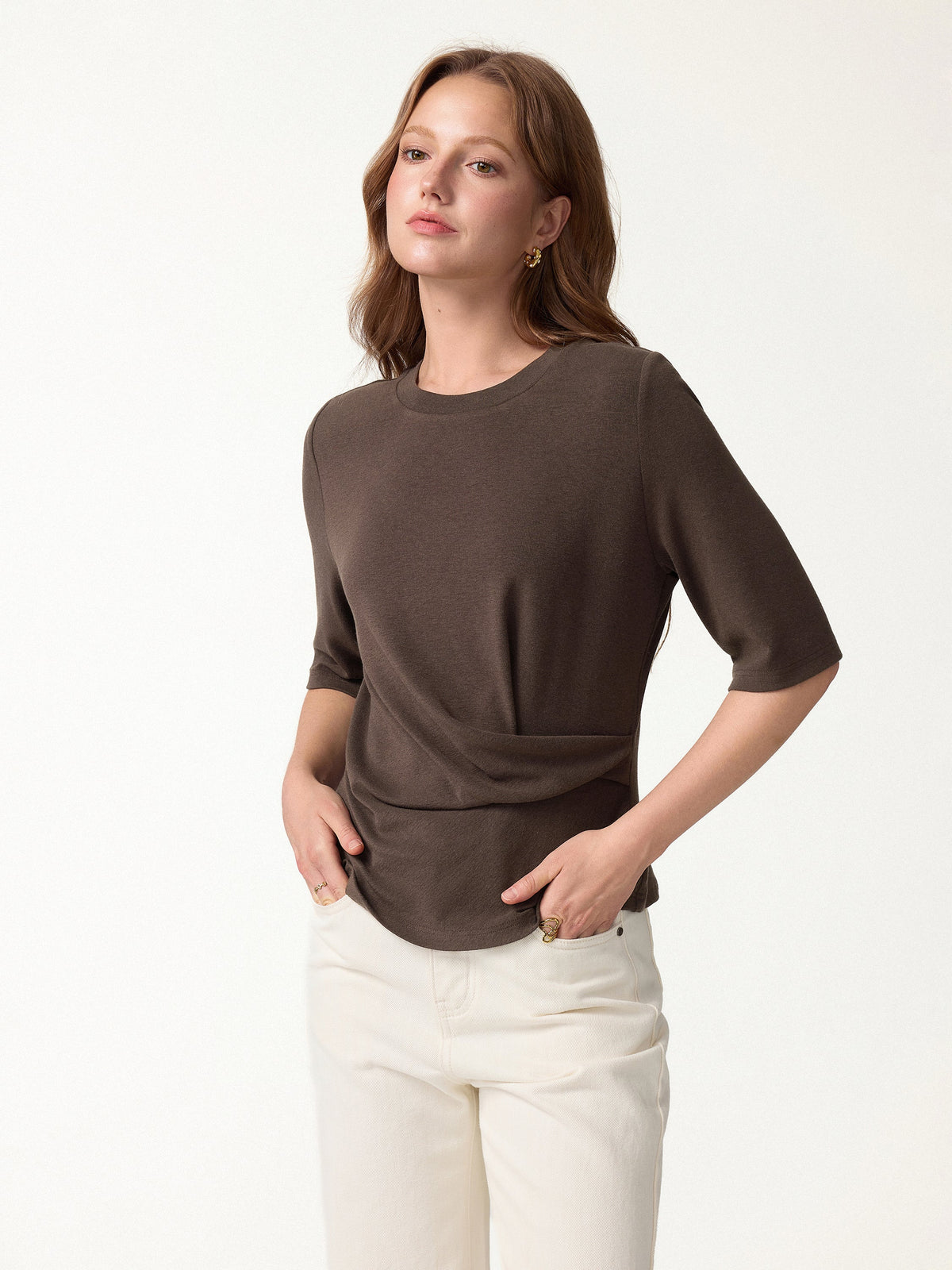 OGLmove Women's Eco-Mousse Round Neck Elbow Sleeve Side-Tuck Top