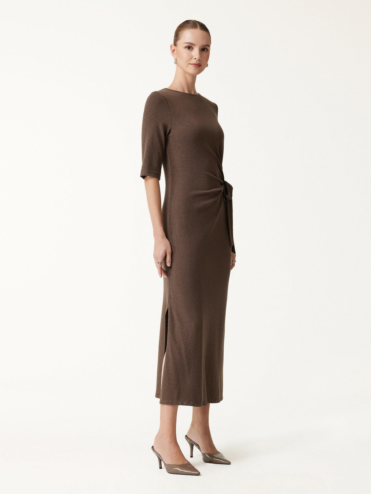 OGLmove Women's Slub Ribbed Round Neck Tie-Waist Midi Dress