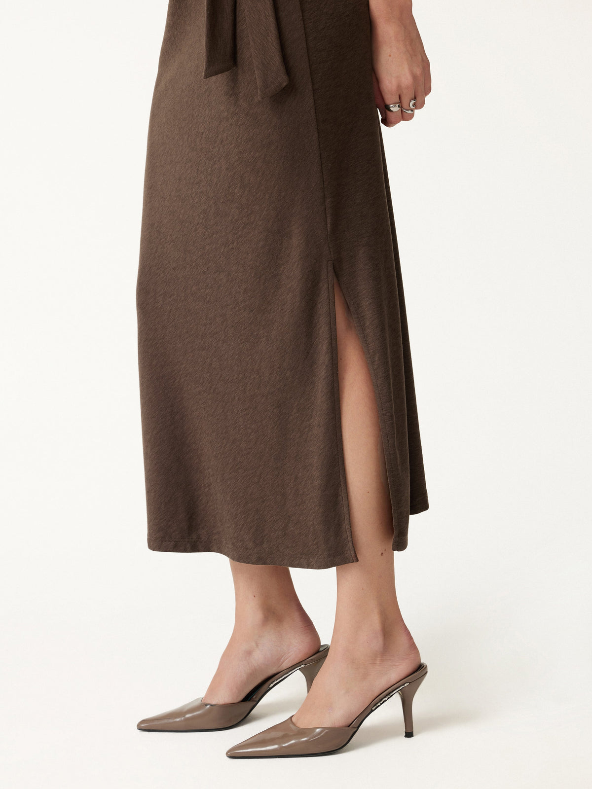 OGLmove Women's Slub Ribbed Round Neck Tie-Waist Midi Dress