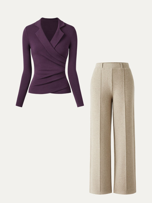 Women's Collared Surplice Top and Straight Leg Pant Set
