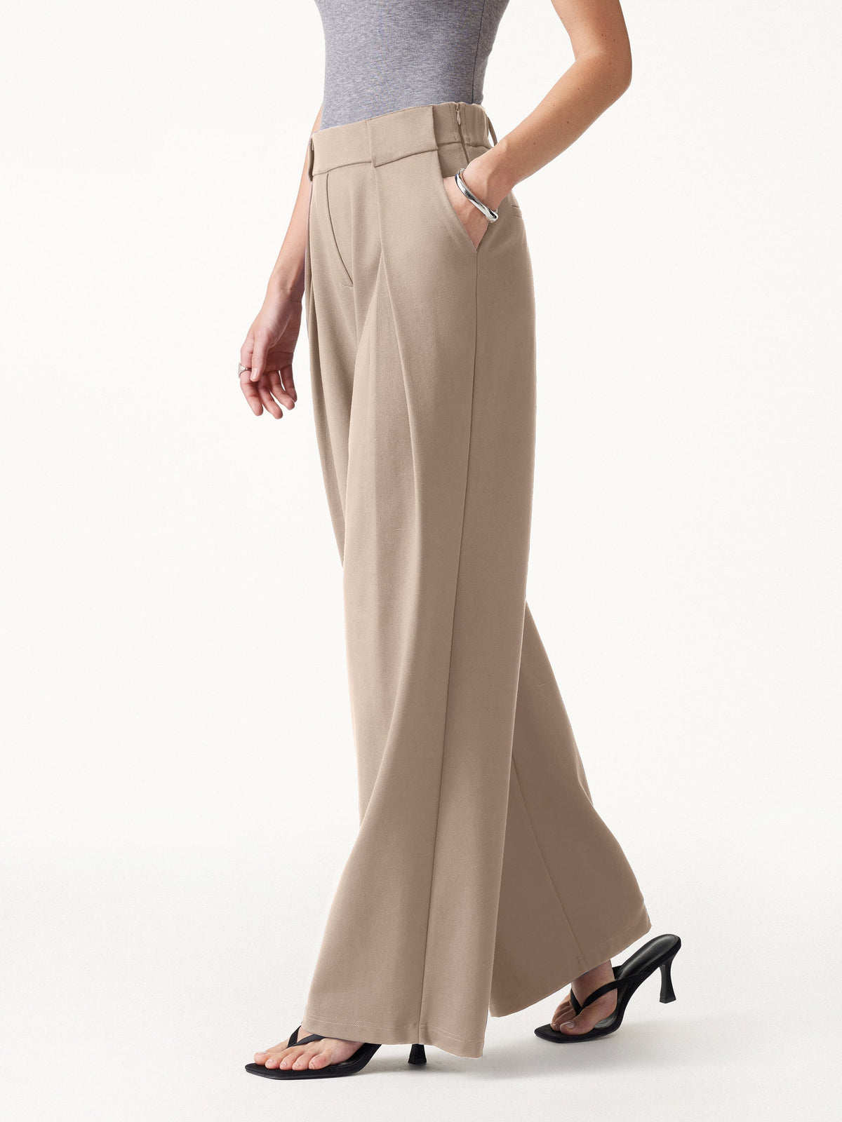 OGLmove Women's Ponte Mid-Rise Wide-Leg Tuck Pants with Pockets