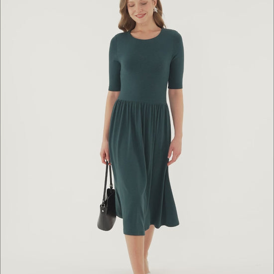OGLmove Women's Eco-Mousse Round Neck Elbow Sleeve Bra Midi Dress