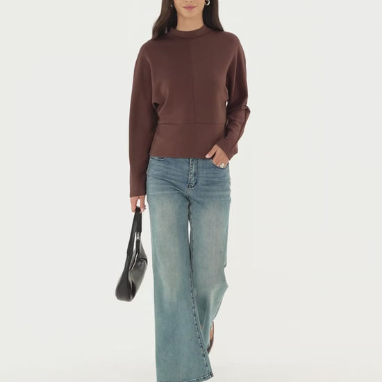 OGLmove Women's Modal Spacer Knit Mock Neck Batwing Sleeve Banded Hem Top