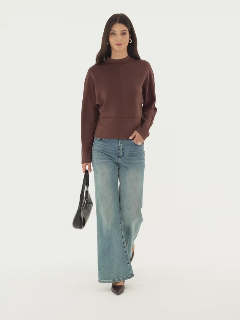 OGLmove Women's Modal Spacer Knit Mock Neck Batwing Sleeve Banded Hem Top