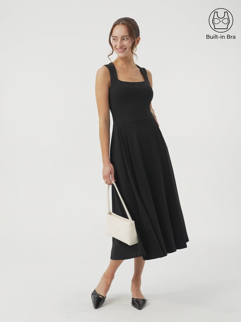 OGLmove Women's Square Neck Midi Bra Dress with Pockets