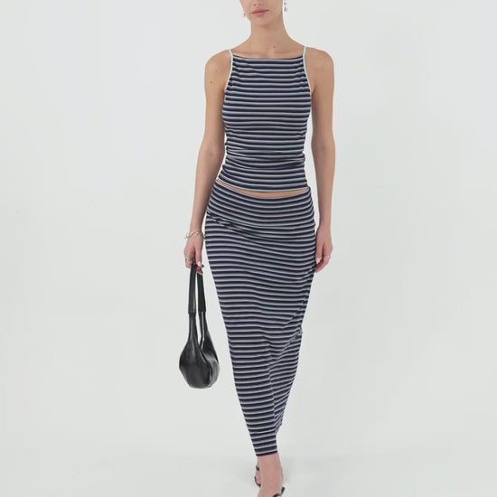 OGLmove Women's Striped Spaghetti Bra Top & Midi Skirt Set