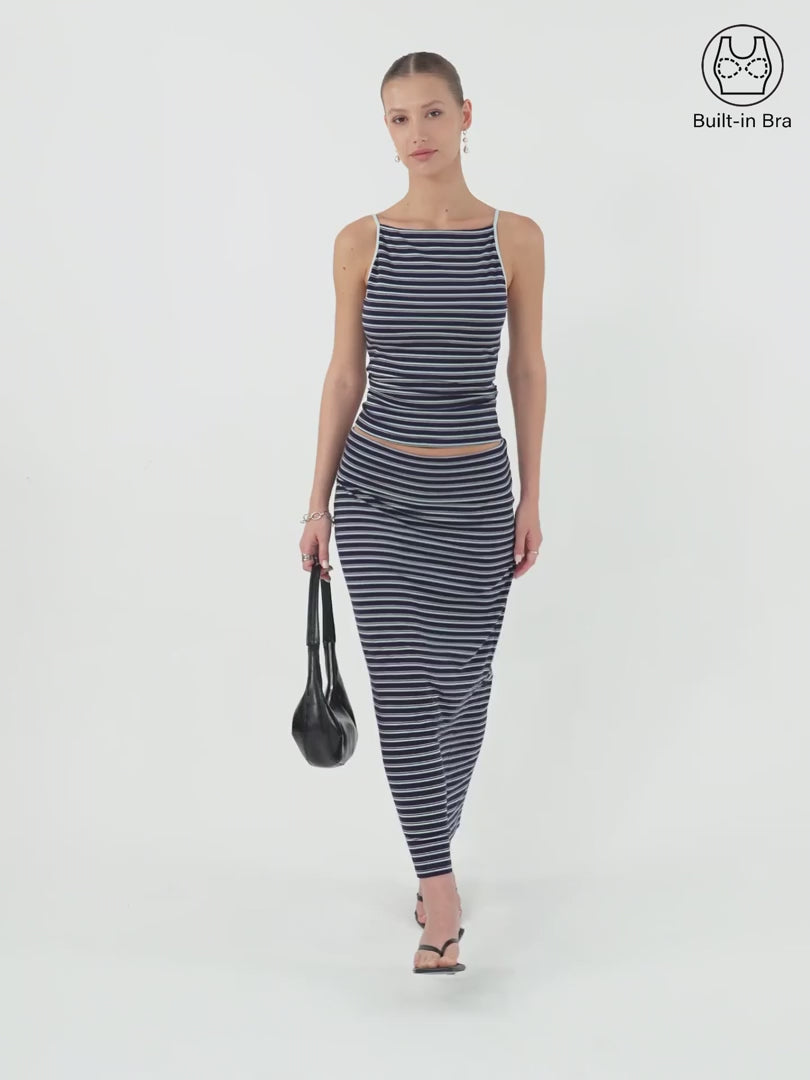 OGLmove Women's Striped Spaghetti Bra Top & Midi Skirt Set