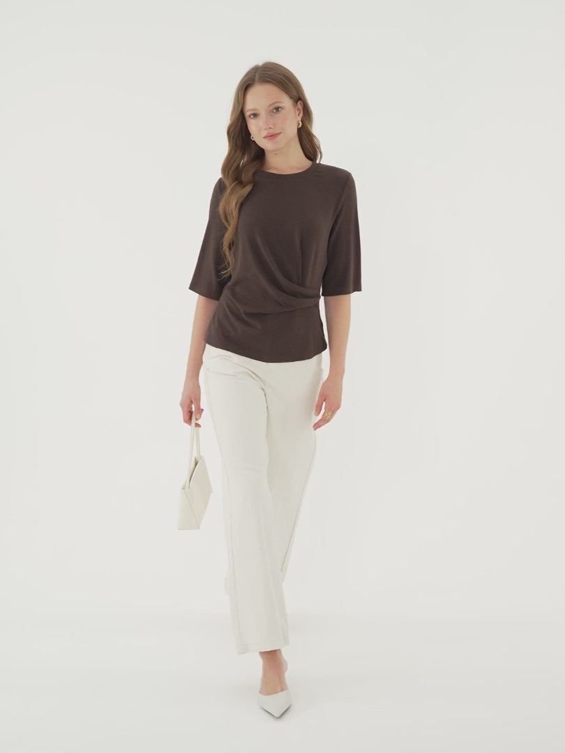OGLmove Women's Eco-Mousse Round Neck Elbow Sleeve Side-Tuck Top