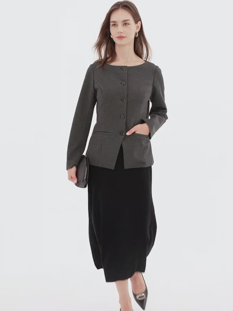 OGLmove Women's Ponte Round Neck Long Sleeve Jacket with Pockets